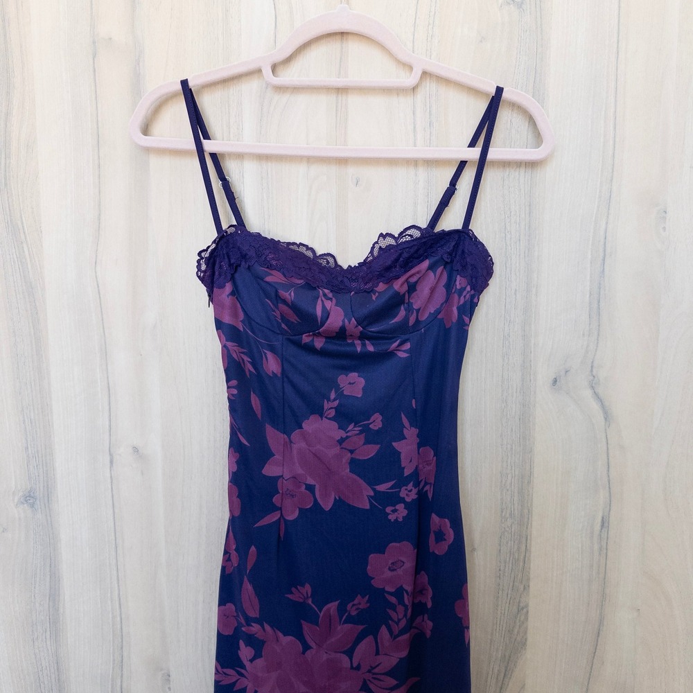 Womens Floral Mesh Midi Dress XS Purple Lace Trim Corset Back Coquette Y2K Fairy - Picture 2 of 9